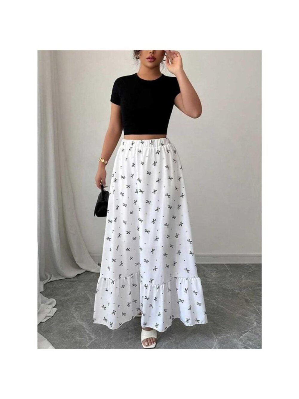 Bowknot Print Ruffle Hem Maxi Skirt